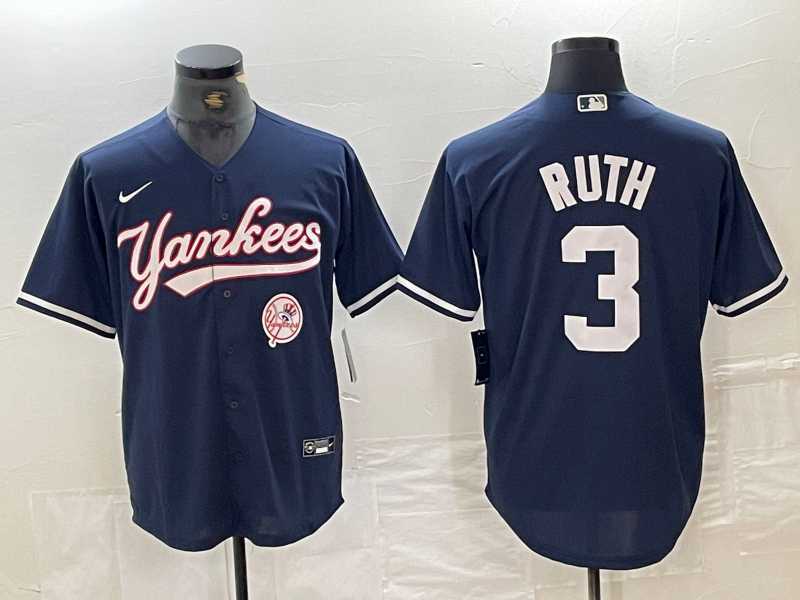 Mens New York Yankees #3 Babe Ruth Navy With Patch Cool Base Stitched Baseball Jersey